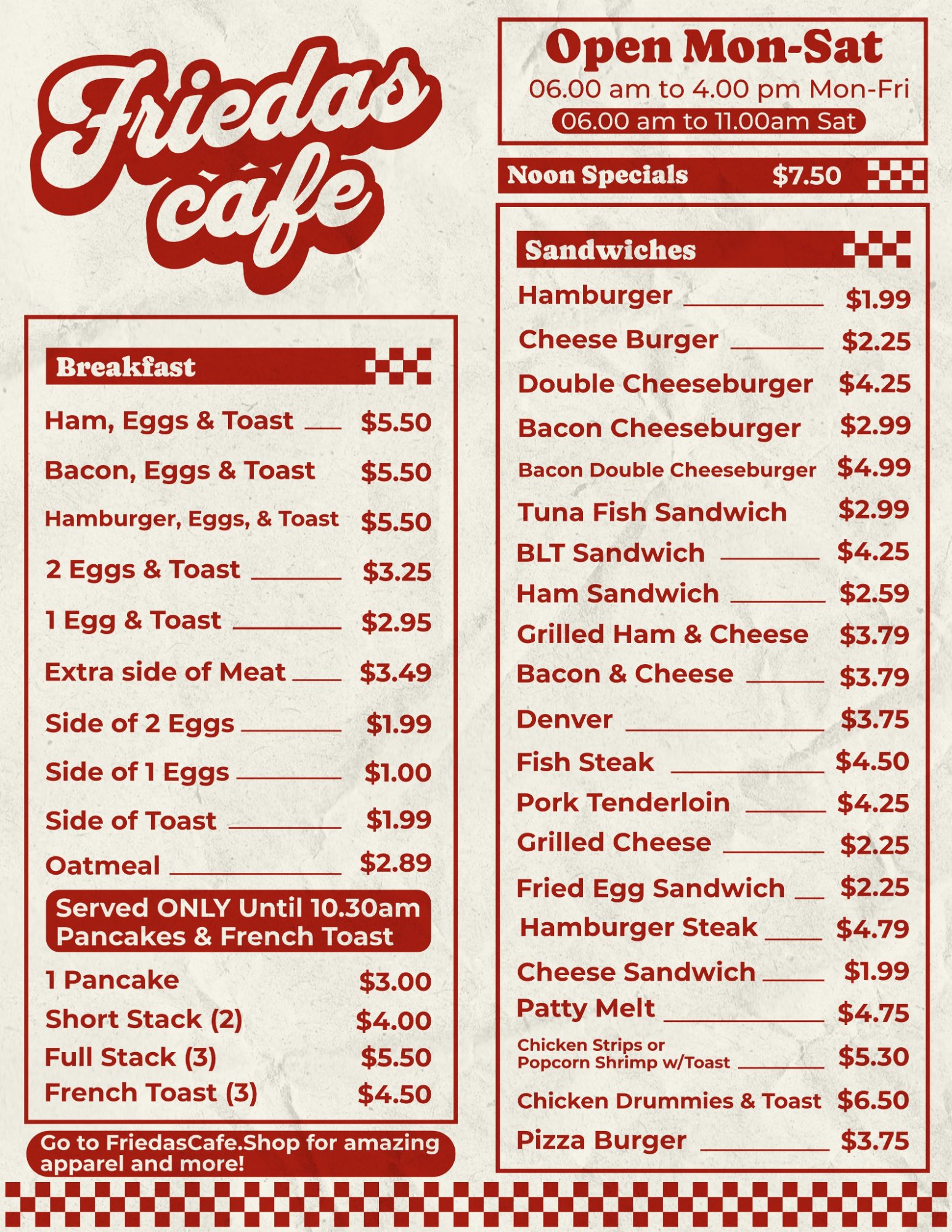 Frieda's Cafe menu — breakfast, pancakes & sandwiches