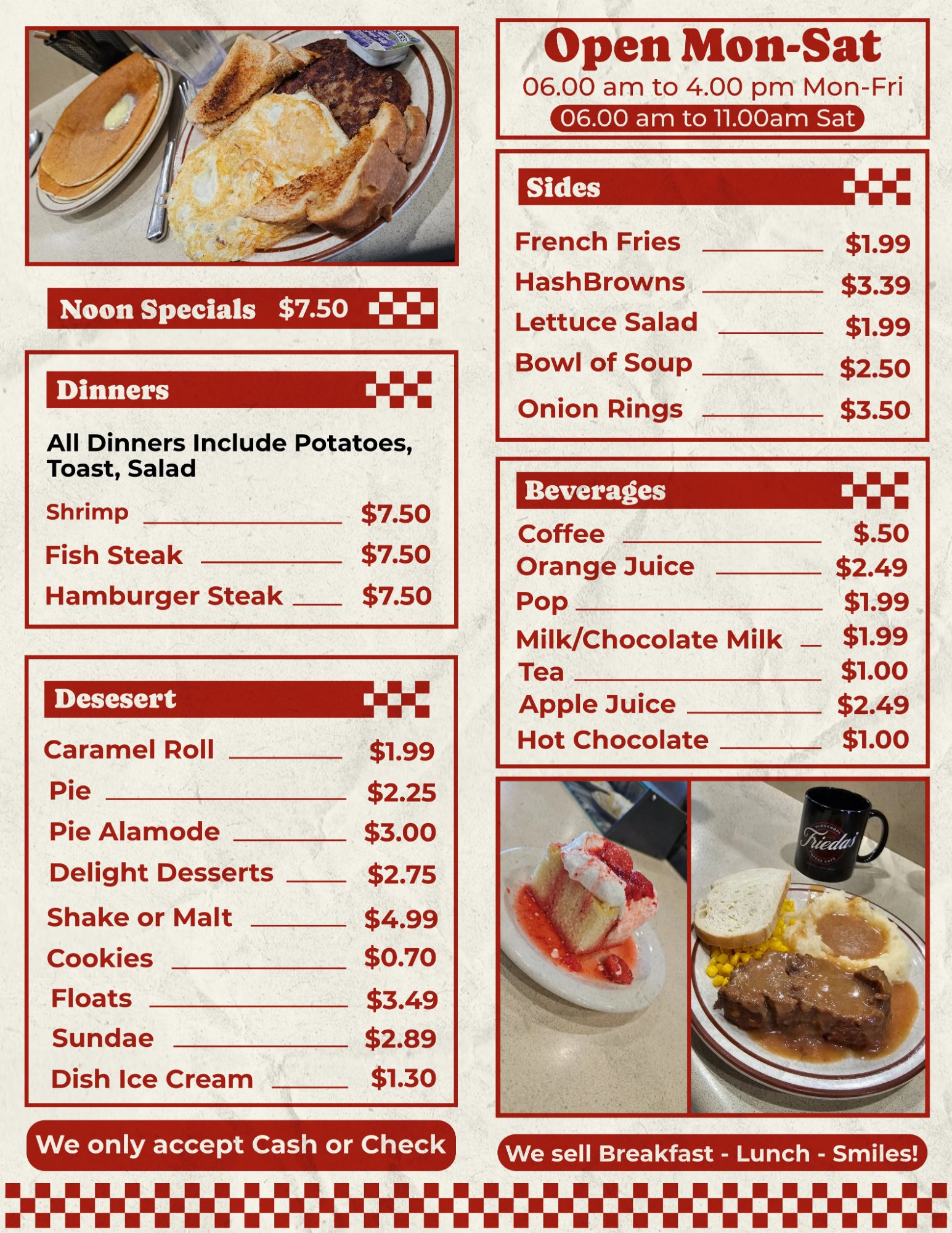 Frieda's Cafe menu — dinners, sides, dessert & beverages
